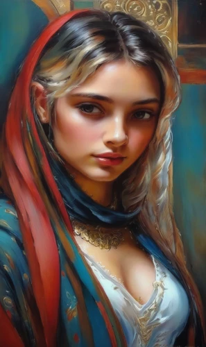 oil painting on canvas,oil painting,art painting,mystical portrait of a girl,young woman,girl with cloth,portrait of a girl,girl portrait,fantasy art,girl in cloth,fantasy portrait,indian art,young lady,oil paint,girl in a historic way,photo painting,khokhloma painting,italian painter,oil on canvas,glass painting,Illustration,Paper based,Paper Based 04