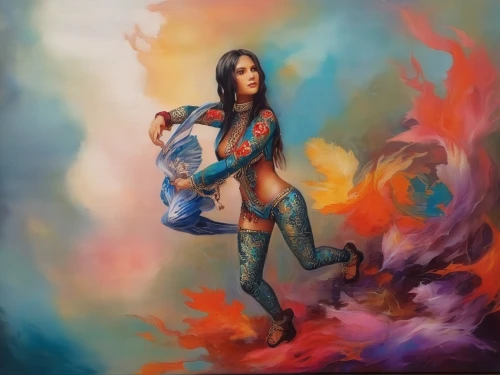 oil painting on canvas,psychedelic art,oil on canvas,woman playing,woman walking,kahila garland-lily,girl with a wheel,oil painting,girl with bread-and-butter,flamenco,fantasy woman,art painting,violin woman,girl with cloth,young woman,radha,indian art,girl with gun,girl in a long,girl walking away,Illustration,Paper based,Paper Based 04