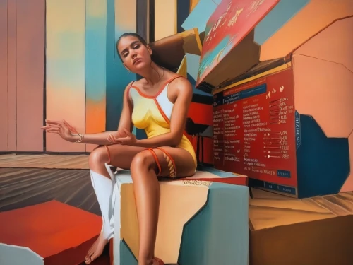 woman sitting,girl sitting,meticulous painting,mural,woman with ice-cream,girl with bread-and-butter,neon body painting,painting technique,girl-in-pop-art,girl at the computer,girl with a wheel,cigarette girl,world digital painting,oil on canvas,cabana,public art,advertising figure,paintings,lifeguard,sauna,Illustration,Paper based,Paper Based 04