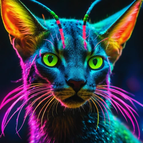 neon body painting,cat vector,intense colours,neon,colorful background,neon colors,colorful light,black light,cat on a blue background,animal feline,neon light,colored lights,colorfull,feline,lynx,rainbow background,neon lights,bengal cat,uv,full of color,Conceptual Art,Fantasy,Fantasy 05