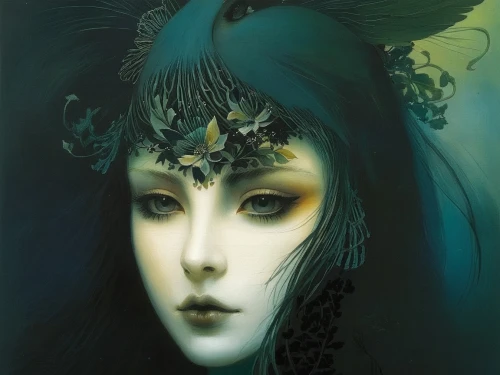 dryad,headdress,gothic portrait,amano,the enchantress,queen of the night,rusalka,faery,venetian mask,mystical portrait of a girl,masque,faerie,fantasy portrait,masquerade,the carnival of venice,feather headdress,absinthe,priestess,the snow queen,fairy queen,Illustration,Realistic Fantasy,Realistic Fantasy 16