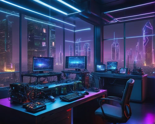 cyberpunk,computer room,computer workstation,modern office,computer desk,the server room,aesthetic,working space,pc tower,desk,creative office,modern room,modern,game room,futuristic,study room,work space,aqua studio,neon,playing room,Illustration,Realistic Fantasy,Realistic Fantasy 22