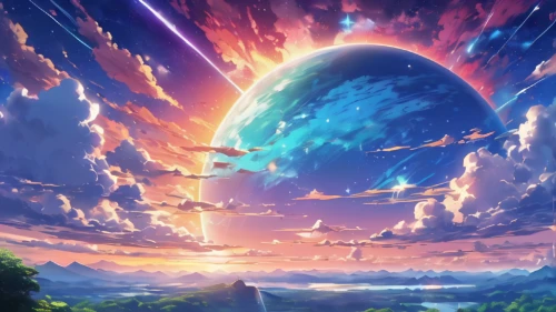 violet evergarden,universe,celestial event,earth,celestial phenomenon,dream world,celestial,the earth,heliosphere,rainbow and stars,planet,heaven gate,world end,earth rise,sky,space art,celestial bodies,other world,fantasy picture,firmament,Conceptual Art,Daily,Daily 24