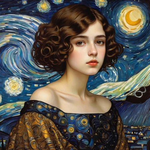 portrait of a girl,mystical portrait of a girl,venus,fantasy portrait,young woman,astronomer,art nouveau,juno,virgo,baroque angel,vintage angel,la violetta,romantic portrait,angel,andromeda,orlovsky,starry night,portrait of a woman,vanessa cardui,cleopatra,Art,Artistic Painting,Artistic Painting 32