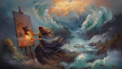 god of the sea,fantasy picture,poseidon,fantasy art,rusalka,fantasy portrait,fire and water,siren,water nymph,world digital painting,sea god,maelstrom,fantasia,mermaid background,the wind from the sea,sirens,fire artist,merfolk,el mar,sea storm,Illustration,Paper based,Paper Based 04