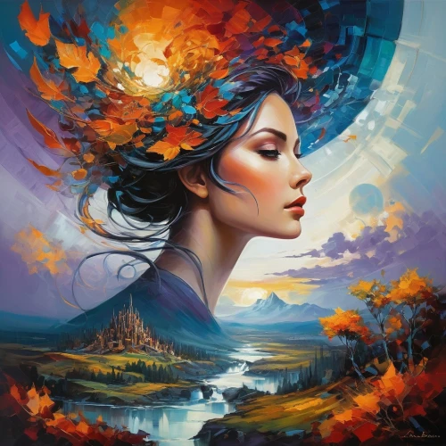 oil painting on canvas,fantasy art,art painting,world digital painting,mystical portrait of a girl,autumn landscape,fantasy portrait,fantasy picture,autumn background,romantic portrait,oil painting,colorful background,landscape background,boho art,mother earth,meticulous painting,passion bloom,creative background,the autumn,italian painter,Conceptual Art,Oil color,Oil Color 08