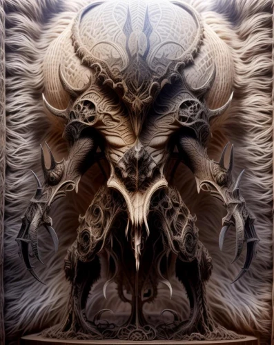 wood carving,skull sculpture,fractalius,barong,mandelbulb,carved wood,tribal bull,minotaur,trioceros,skull statue,cow horned head,supernatural creature,meat carving,krampus,animal head,horned,sculpt,carved,biomechanical,animal skull