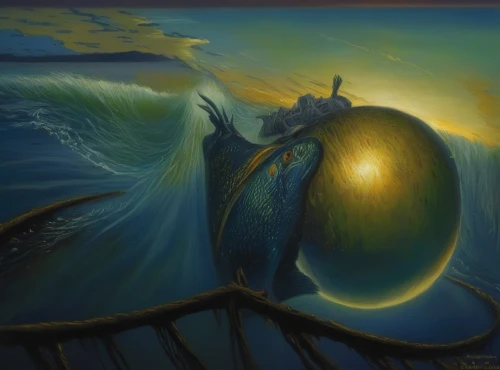 golden apple,pear cognition,surrealism,god of the sea,fruits of the sea,dali,surrealistic,fantasy art,deep sea nautilus,sea fantasy,water apple,fantasy picture,green apple,core the apple,golden delicious,sea god,adrift,flotsam and jetsam,sea landscape,green apples,Illustration,Realistic Fantasy,Realistic Fantasy 03