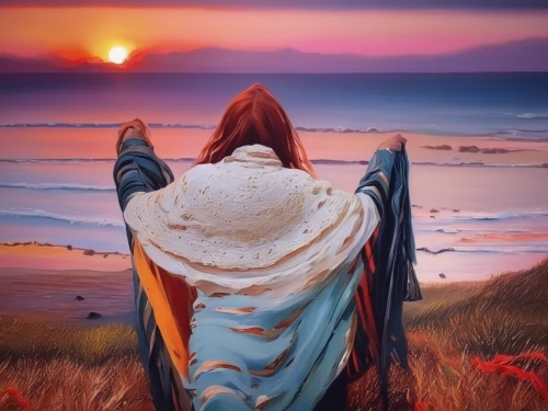 girl on the dune,praying woman,woman praying,shamanism,red cape,celtic harp,world digital painting,fantasy picture,warrior woman,shamanic,orange robes,oil painting on canvas,loving couple sunrise,fantasy art,woman thinking,boho art,indigenous painting,travel woman,dune sea,red cloud,Illustration,Paper based,Paper Based 04