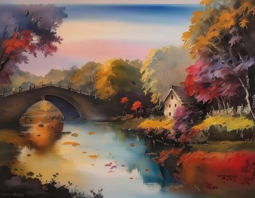 autumn landscape,fall landscape,autumn idyll,river landscape,boathouse,home landscape,autumn scenery,cave on the water,the autumn,painting technique,cottage,one autumn afternoon,brook landscape,autumn background,oil painting on canvas,autumn still life,house with lake,autumn in the park,oil on canvas,small landscape,Illustration,Paper based,Paper Based 04