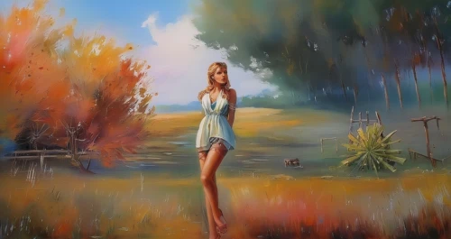 girl with tree,girl on the river,girl in a long,oil painting,art painting,oil painting on canvas,girl in the garden,meadow in pastel,landscape background,fantasy art,the blonde in the river,photo painting,fantasy picture,girl walking away,world digital painting,fineart,girl on the dune,painter,autumn idyll,autumn landscape,Illustration,Paper based,Paper Based 04