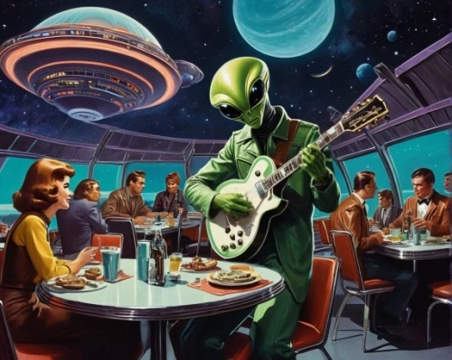 diner,guitar player,extraterrestrial life,musicians,violinist violinist of the moon,itinerant musician,galaxy express,alien invasion,orchestra,space voyage,symphony orchestra,scene cosmic,live music,extraterrestrial,philharmonic orchestra,orchesta,sound space,saucer,flying saucer,starship