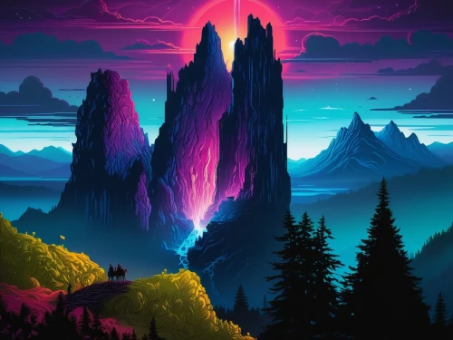 futuristic landscape,mountains,colorful background,mountain sunrise,fantasy landscape,vast,mountain landscape,giant mountains,mountain world,purple landscape,high mountains,aurora borealis,landscape background,aurora colors,vapor,mountain range,mountain,mountainous landscape,background colorful,hd wallpaper,Illustration,Realistic Fantasy,Realistic Fantasy 25