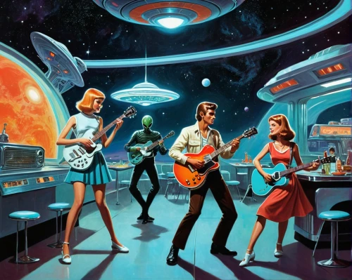 retro diner,starship,rock band,music band,sci fiction illustration,musicians,retro music,atomic age,science fiction,orchestra,star kitchen,space voyage,dire straits,science-fiction,60s,lost in space,guitar player,astronauts,scene cosmic,astronomers,Conceptual Art,Sci-Fi,Sci-Fi 20