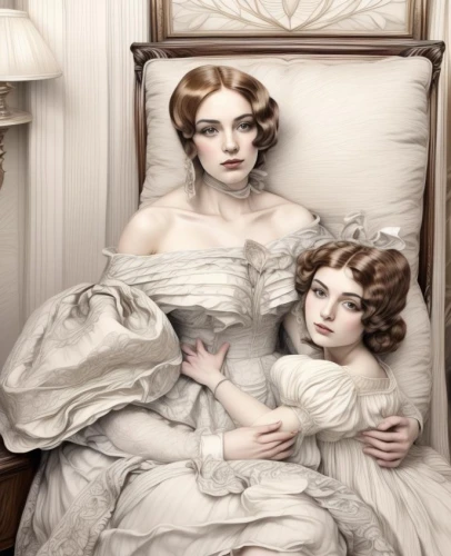 porcelain dolls,downton abbey,joint dolls,bridal clothing,white lady,woman on bed,stepmother,the victorian era,victorian style,victorian lady,the sleeping rose,debutante,dead bride,bed linen,doll's house,gothic portrait,wedding dresses,white rose snow queen,linens,mother and daughter