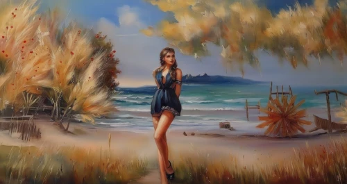 beach landscape,girl with tree,girl on the dune,beach background,oil painting,photo painting,beach scenery,sea landscape,art painting,coastal landscape,by the sea,oil painting on canvas,sea-shore,landscape background,the beach-grass elke,landscape with sea,on the shore,seaside,italian painter,girl on the river,Illustration,Paper based,Paper Based 04