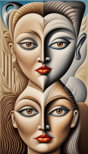 art deco woman,the three graces,african art,faces,dualism,woman face,oil painting on canvas,women's eyes,woman's face,heads,tribal masks,david bates,meridians,african masks,cohesion,masque,two girls,multicolor faces,man and woman,self unity