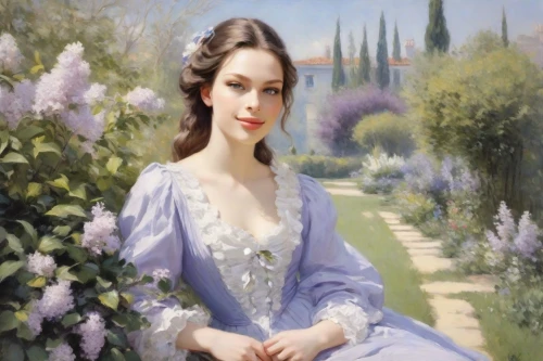 la violetta,girl in the garden,the lavender flower,lilac blossom,lilacs,wisteria,lilac tree,romantic portrait,italian painter,jane austen,grape-hyacinth,california lilac,common lilac,victorian lady,oil painting,oil painting on canvas,young woman,lilac flowers,lily of the field,lavender,Digital Art,Classicism