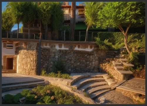 hacienda,stone stairway,fort of santa catalina,stone stairs,coral castle,holiday villa,portofino,tropical house,winding staircase,cabo san lucas,palace of knossos,maya city,outside staircase,roatan,garden elevation,taormina,landscape design sydney,lycian,winding steps,landscape designers sydney,Photography,General,Realistic