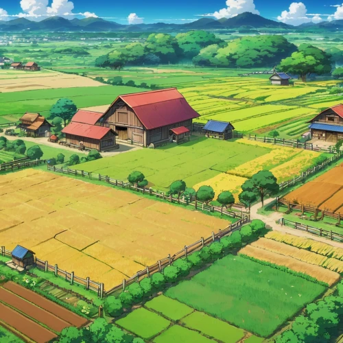 yamada's rice fields,rice fields,ricefield,the rice field,rice field,farm background,farm landscape,agricultural,vegetable field,rural landscape,blooming field,fields,japan landscape,countryside,potato field,farmland,wheat field,farms,hokkaido,straw hats,Illustration,Japanese style,Japanese Style 03