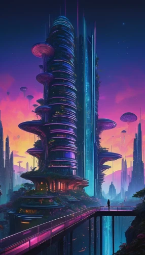 futuristic landscape,futuristic,futuristic architecture,scifi,metropolis,alien world,fantasy city,ancient city,alien planet,cellular tower,sci-fi,sci - fi,space port,dystopian,cityscape,hub,cyberpunk,utopian,dystopia,sci fi,Illustration,Retro,Retro 17