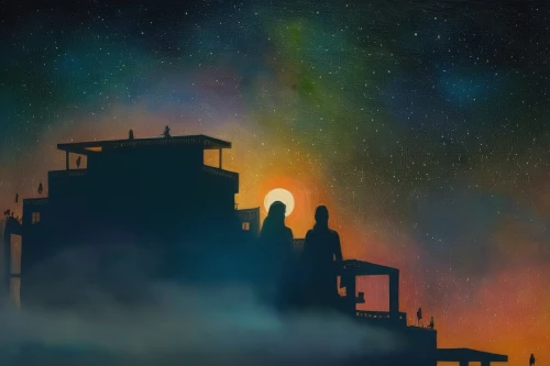 watchtower,beacon,observatory,rooftop,chimney,stargazing,house silhouette,fairy chimney,refinery,night sky,summit,travelers,summit castle,pollution,rooftops,astronomer,ghost castle,dusk background,skies,skywatch,Illustration,Paper based,Paper Based 04