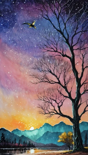 watercolor tree,landscape background,lone tree,the night sky,night sky,night scene,starry sky,watercolor background,painted tree,purple landscape,art painting,watercolor painting,bird painting,nightsky,moon and star background,watercolor pine tree,colorful tree of life,tobacco the last starry sky,world digital painting,watercolor paint