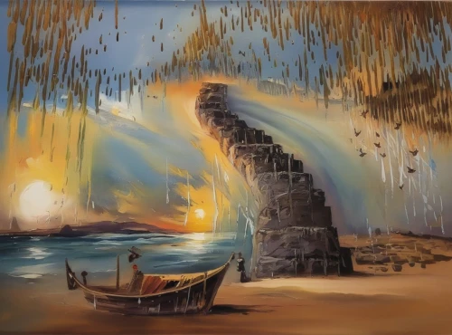 fantasy landscape,church painting,landscape background,sea landscape,coastal landscape,boat landscape,an island far away landscape,world digital painting,fantasy picture,khokhloma painting,watercolor background,arabic background,shipwreck,burned pier,art painting,landscape with sea,beach landscape,painting technique,oil painting on canvas,wall painting,Illustration,Paper based,Paper Based 04