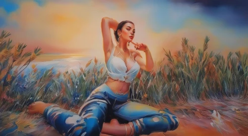 girl lying on the grass,oil painting on canvas,fantasy art,fantasy picture,oil painting,woman at the well,water nymph,majorelle blue,art painting,world digital painting,oil on canvas,girl on the dune,woman sitting,photo painting,blue painting,girl on the river,girl with a dolphin,the sea maid,woman playing,girl sitting,Illustration,Paper based,Paper Based 04