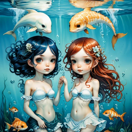 mermaids,underwater background,mermaid background,underwater world,believe in mermaids,let's be mermaids,mermaid vectors,sea creatures,sea-life,kawaii people swimming,two fish,water pearls,underwater,aquatic life,fishes,aquatic animals,wet water pearls,under the sea,seabed,under water,Illustration,Abstract Fantasy,Abstract Fantasy 11