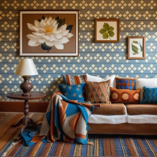 moroccan pattern,yellow wallpaper,patterned wood decoration,sitting room,danish room,interior decor,interior decoration,background pattern,blue pillow,guestroom,blue room,boho art,traditional patterns,the living room of a photographer,guest room,persian norooz,tiled wall,flower wall en,upholstery,vintage wallpaper,Photography,General,Realistic