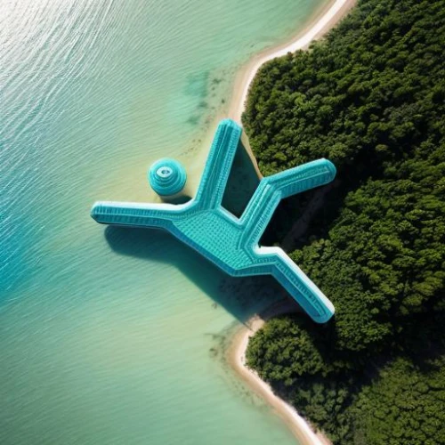 toy airplane,flying island,beach toy,seaplane,take-off of a cliff,beach furniture,propeller,island suspended,beach defence,dornier 328,flying boat,water sofa,beach chair,jet plane,a flying dolphin in air,inflatable pool,the plane,camper on the beach,bird perspective,turquoise,Realistic,Landscapes,Tropical