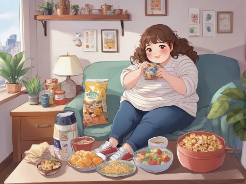 furikake,snacks,a snack between meals,junk food,girl with cereal bowl,foods,breakfast in bed,picnic,indoors,food and cooking,staying indoors,food table,meals,snacking,studio ghibli,room,shared apartment,apartment,citrus food,gluttony,Art,Artistic Painting,Artistic Painting 25