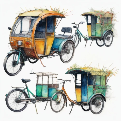 rickshaw,piaggio ape,straw carts,straw cart,tandem bike,tricycle,flower cart,tandem bicycle,tuk tuk,vanagon,bamboo car,campervan,blue pushcart,bicycle trailer,bike tandem,piaggio,donkey cart,fruit car,pedicab,camper van,Illustration,Paper based,Paper Based 13