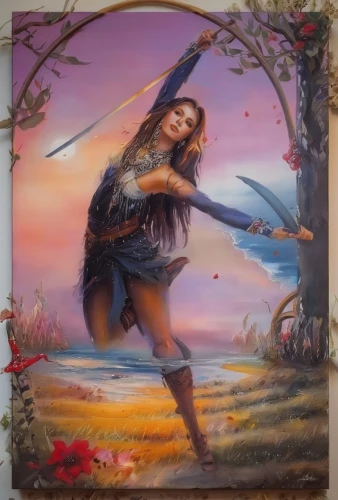 fae,fantasy art,fantasy woman,woman playing violin,faerie,fantasy picture,woman playing,wind warrior,warrior woman,fantasy portrait,oil painting on canvas,female warrior,baton twirling,faery,swordswoman,little girl in wind,little girl twirling,fabric painting,girl with gun,throwing leaves,Illustration,Paper based,Paper Based 04