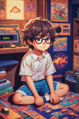 studio ghibli,bookworm,playing room,detective conan,boy's room picture,playmat,game room,child with a book,game boy,lonely child,book store,snes,classroom,study,kids illustration,study room,cassette,child playing,child portrait,nerd,Unique,Pixel,Pixel 04