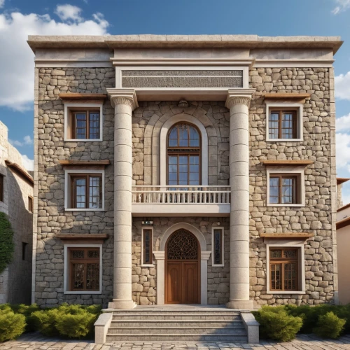 3d rendering,build by mirza golam pir,stone house,stucco frame,two story house,gold stucco frame,house with caryatids,exterior decoration,luxury home,wooden facade,large home,luxury property,render,architectural style,natural stone,persian architecture,stucco wall,stone houses,stone palace,luxury real estate,Photography,General,Realistic