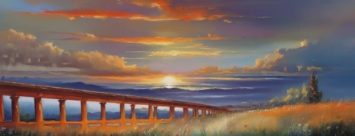 scenic bridge,landscape background,golden bridge,rainbow bridge,wooden bridge,fantasy landscape,railroad bridge,hohenzollern bridge,highway bridge,bridge,panoramic landscape,angel bridge,high landscape,arch bridge,humpback bridge,hangman's bridge,art painting,tied-arch bridge,world digital painting,suspension bridge,Illustration,Paper based,Paper Based 04