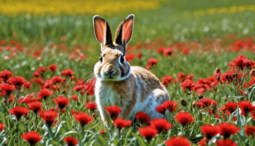 bunny on flower,european rabbit,hare field,field hare,wild rabbit in clover field,european brown hare,wild hare,hares,steppe hare,brown hare,hare,leveret,wild tulips,rabbits and hares,lepus europaeus,wild rabbit,american snapshot'hare,young hare,tulip field,red tulips,Photography,General,Realistic