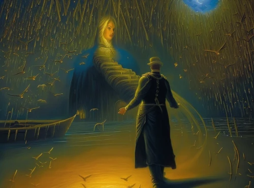 the wanderer,the mystical path,fantasy picture,pilgrim,sci fiction illustration,the path,pilgrimage,the wizard,world digital painting,light bearer,wanderer,night scene,golden rain,astral traveler,light of night,digital painting,angel moroni,mystery book cover,jrr tolkien,fantasy portrait,Illustration,Realistic Fantasy,Realistic Fantasy 03