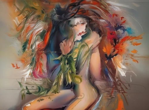 dryad,fashion illustration,flora,decorative figure,bird of paradise,faun,digital art,siren,digital painting,digital artwork,thick paint strokes,world digital painting,tiger lily,bodypainting,fantasy art,japanese art,chinese art,fire dancer,paint strokes,brushstroke,Illustration,Paper based,Paper Based 04