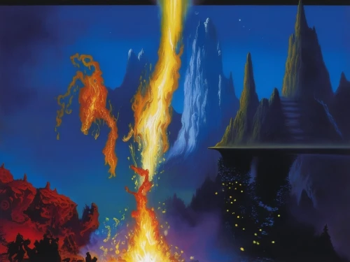 pillar of fire,the conflagration,conflagration,fire planet,fire mountain,solomon's plume,fairy chimney,burning earth,fire land,burning torch,firestar,lava,pillars of creation,heroic fantasy,walpurgis night,dragon fire,flaming torch,the eternal flame,lava cave,volcano,Illustration,American Style,American Style 07