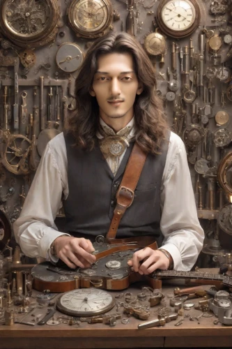 watchmaker,leonardo devinci,clockmaker,leonardo da vinci,tinsmith,steampunk,kit violin,antique background,metalsmith,gunsmith,a carpenter,gauge,silversmith,apothecary,luthier,antiquariat,blacksmith,wooden instrument,merchant,banjo player,Photography,Realistic