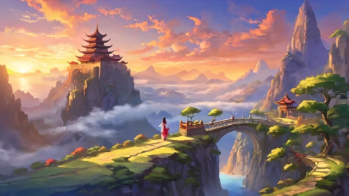 fantasy landscape,landscape background,high landscape,meteora,fantasy picture,mountainous landscape,mountain landscape,cartoon video game background,bird kingdom,dragon bridge,an island far away landscape,mountain world,ancient city,world digital painting,fantasy world,mushroom landscape,mountain scene,hot-air-balloon-valley-sky,chasm,3d fantasy,Illustration,Realistic Fantasy,Realistic Fantasy 01