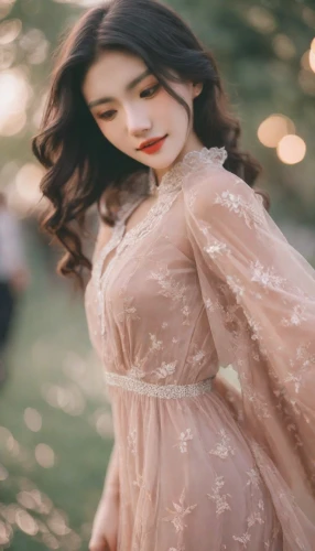 girl in a long dress,vintage woman,background bokeh,ao dai,girl in a long dress from the back,bokeh effect,vintage dress,vietnamese woman,vintage floral,quinceañera,bokeh,vintage asian,blurred,vintage women,vintage girl,a girl in a dress,elegant,vintage angel,beautiful girl with flowers,romantic look,Photography,Natural