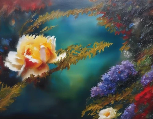 flower painting,pond flower,underwater landscape,flower water,sea carnations,water lilies,falling flowers,abstract flowers,floral composition,underwater background,koi pond,water flower,oil painting,oil on canvas,water lily,芦ﾉ湖,photo painting,garden loosestrife,waterlily,fiori,Illustration,Paper based,Paper Based 04