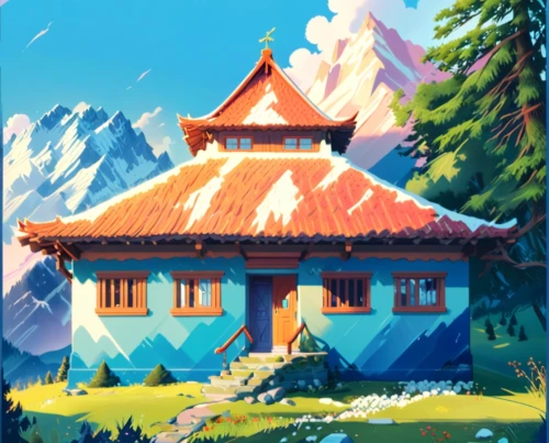 mountain huts,house in mountains,house in the mountains,alpine hut,mountain hut,mountain scene,alpine village,mountain settlement,mountains,snow house,mountain village,roof landscape,mountain,travel poster,landscape background,roofs,wooden roof,alpine pastures,mountain landscape,chinese temple,Anime,Anime,General