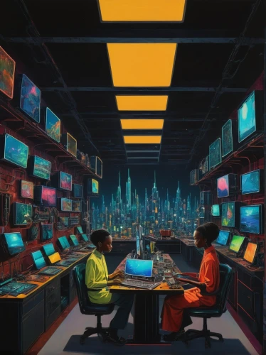 cyberpunk,cyberspace,computer room,virtual world,game room,cyber,scifi,fantasy city,consoles,atari 2600,computer games,computer game,atari,sci - fi,sci-fi,the server room,computer,sci fiction illustration,connected world,dystopian,Art,Artistic Painting,Artistic Painting 25