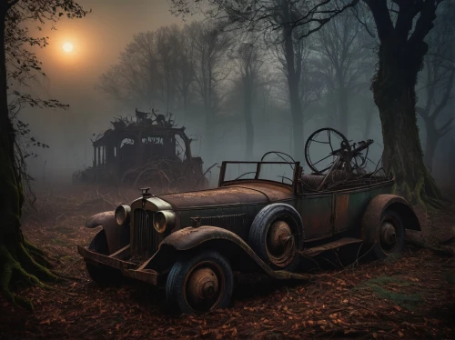 old halloween car,old abandoned car,abandoned car,halloween car,old vehicle,old car,antique car,road forgotten,beetle fog,old tractor,haunted forest,scrapped car,lostplace,autumn fog,car cemetery,fantasy picture,vintage vehicle,ghost car,open hunting car,old cars,Art,Classical Oil Painting,Classical Oil Painting 13