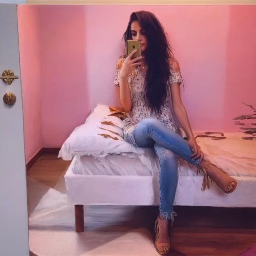 pink shoes,moroccan,long legs,pink background,messy room,blurred,blurry,jeans background,jeans,denim jeans,denims,looking through legs,lisaswardrobe,yellow background,ripped jeans,bedroom,partition,outside mirror,photo shoot on the floor,bluejeans,Illustration,Paper based,Paper Based 04